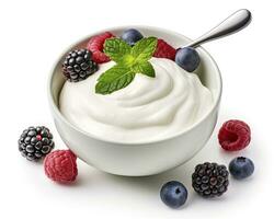 AI generated Green bowl of greek yogurt and fresh berries isolated on white background. AI Generated photo