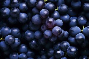 AI generated Flat lay background of vines, lots of organic blue dark grapes. AI Generated photo