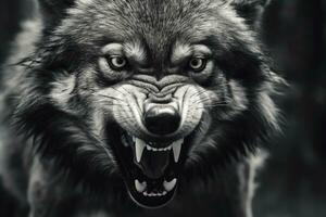 AI generated Greyscale closeup shot of an angry wolf with a blurred background. AI Generated photo