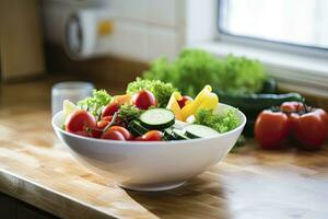 ai generado cocina todavía vida con blanco cuenco de lavado vegetales en de madera escritorio. ai generado foto