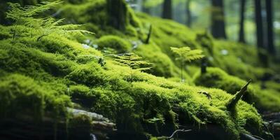 AI generated Green moss closeup, with a backdrop of woodland.  Forest in the national park. AI Generated photo