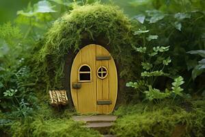 AI generated Little magic wooden fairy doors and plants leave on a mossy natural green background. AI Generated photo