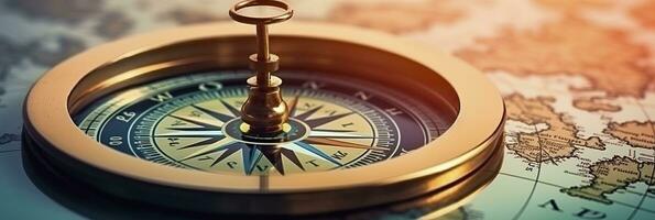 AI generated Magnetic compass and location marking with a pin on routes on world map. AI Generated photo