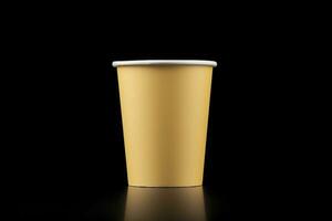 AI generated Side view yellow empty disposable paper fast food cup isolated on black background. Generative AI photo