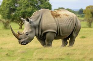 AI generated White Rhino grazing. AI Generated photo