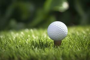 ai generado blanco golf pelota en de madera tee con césped. generativo ai foto