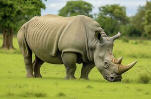 AI generated White Rhino grazing. AI Generated photo