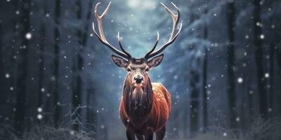 AI generated Noble deer male in the winter snow forest. Artistic winter Christmas landscape. AI Generated photo