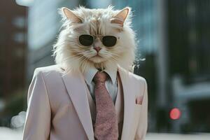 AI generated A cat is wearing sunglasses, suit and standing on street. AI Generated photo