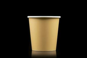 AI generated Side view yellow empty disposable paper fast food cup isolated on black background. Generative AI photo