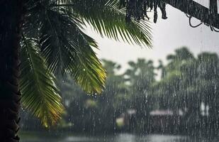 ai generado lluvia en el zona tropical durante el bajo temporada o monzón estación. gotas de lluvia en un jardín. generativo ai foto