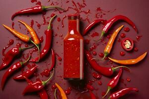 AI generated Tabasco hot pepper sauce with red chili pepper, flat lay. Generative AI photo