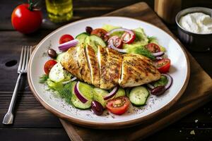 AI generated Seared chicken breast and Greek salad on a wooden table. Generative AI photo