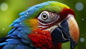 ai generado tropical guacamayo encaramado, vibrante plumas en enfocar. generativo ai foto