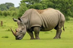 AI generated White Rhino grazing. AI Generated photo