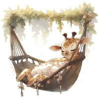 AI generated A sleepy baby giraffe in a hammock. watercolor illustration. AI Generated photo