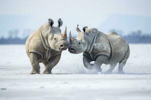 AI generated Two Rhinoceros getting ready for fight on Ice. AI Generated photo