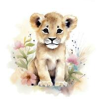 AI generated Watercolor Baby Lion. AI Generated photo