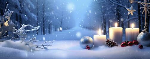 ai generado invierno bosque paisaje con ardiente velas Navidad decoración. ai generado foto