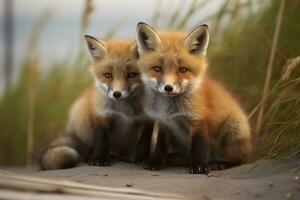 AI generated Wild baby red foxes cuddling at the beach. Generative AI photo