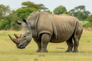 AI generated White Rhino grazing. AI Generated photo