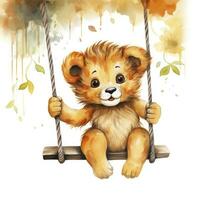AI generated Cute happy baby lion on swings attached to the tree in watercolor style. AI Generated photo