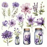 AI generated Collection of watercolor mason jars with purple flowers clipart. AI Generated photo