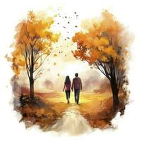 AI generated Watercolor autumn landscape with a couple walking. AI Generated photo