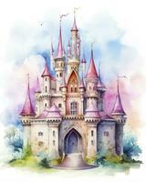 AI generated Colorful watercolor kawaii castle isolated on white background. AI Generated photo