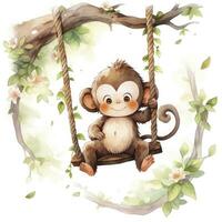 AI generated Cute happy baby monkey on swings on a tree in watercolor. AI Generated photo