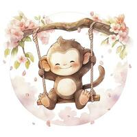 AI generated Cute happy baby monkey on swings on a tree in watercolor. AI Generated photo