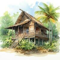 AI generated A watercolored bright serene image of a traditional bahay kubo. AI Generated photo