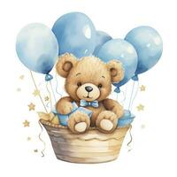 AI generated A watercolor baby teddy bear is sitting in the basket with blue and gold balloons. AI Generated photo