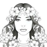 AI generated A girl on a coloring book page with Jasmine flowers. AI Generated photo