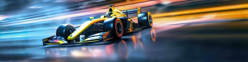 AI generated Racing car at high speed. Racer on a racing car passes the track. Motor sports competitive team racing. Motion blur background. Generative AI photo