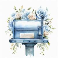 AI generated Watercolor light blue floral mailbox on a white background. AI Generated photo