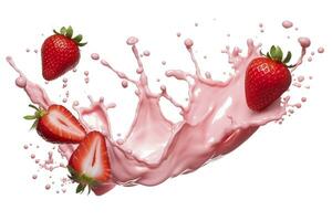 AI generated milk or yogurt splash with strawberries isolated on white background, 3d rendering. AI Generated photo