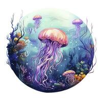 AI generated Jellyfish in an underwater landscape in a circle. AI Generated photo