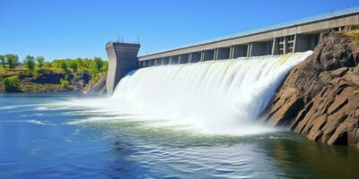 ai generado hidroeléctrico represa generando verde energía desde fluido agua. ai generado. foto