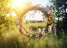 AI generated Rustic wildflowers wreath on a sunny meadow. Summer Solstice Day, Midsummer concept. Generative AI photo