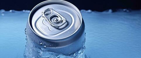 AI generated Top of drink tin can iced submerged in frost ice, metal aluminum beverage. Generative AI photo