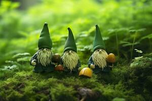 AI generated Toy Irish gnomes in a mystery forest, abstract green natural background. Generative AI photo