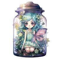 AI generated Watercolor Fantasy Pastel Goth Tiny Fairy in a Jar. AI Generated photo