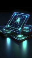 AI generated Some playing cards with glowing neon designs on a tablet. Generative AI photo