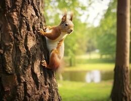 AI generated Beautiful squirrel on a tree in a forest park in the summer. Generative AI photo