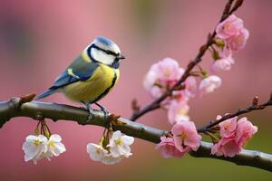 ai generado un bluetit pájaro descansando en el rama de un árbol. ai generado. foto