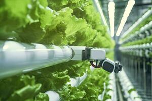 ai generado automático agrícola tecnología con de cerca ver de robótico brazo cosecha lechuga en vertical hidropónico planta. ai generado foto