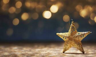 AI generated Sparkling Golden Christmas Star. Ornament Decoration Defocused Bokeh Background. AI Generated photo