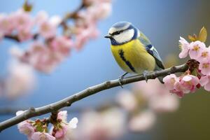 ai generado un bluetit pájaro descansando en el rama de un árbol. ai generado. foto