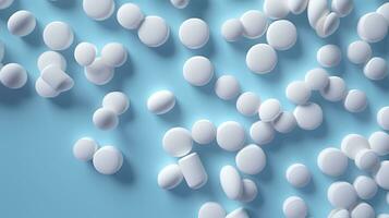 AI generated Top view white medicine tablets antibiotic pills on a soft blue background, copy space, Pharmacy theme, AI Generative photo